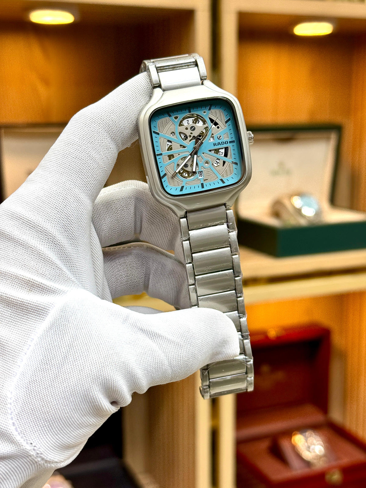 Rado light Blue Skeleton Square Watch